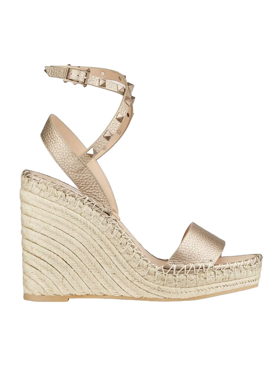 Valentino Garavani Rockstud Gold Leather Espadrille Wedge Sandals Size 35
